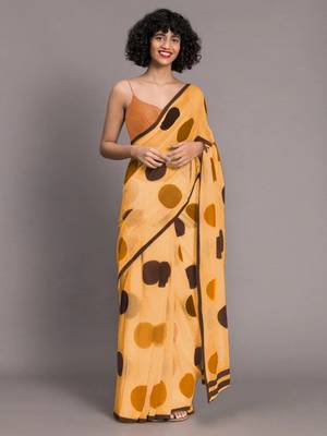 Orange printed linen saree with blouse 1