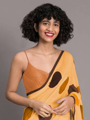 Orange printed linen saree with blouse 4