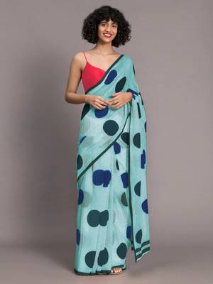 Sky blue printed linen saree with blouse 2