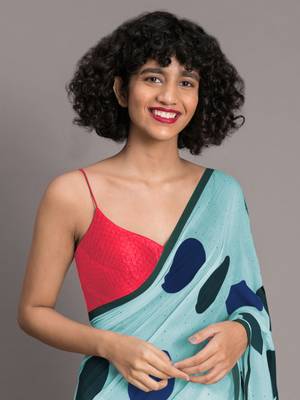 Sky blue printed linen saree with blouse 4
