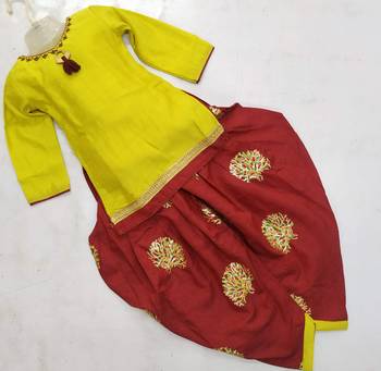 Lime/Maroon-Sober Katha Neck Work A-line Top with Sequence Embroidered Patiala & Dupatta Set for Girl Kids 1