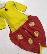 Lime/Maroon-Sober Katha Neck Work A-line Top with Sequence Embroidered Patiala & Dupatta Set for Girl Kids
