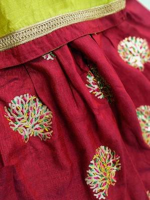 Lime/Maroon-Sober Katha Neck Work A-line Top with Sequence Embroidered Patiala & Dupatta Set for Girl Kids 3