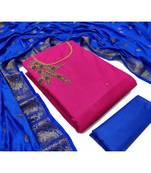 JHEENU Women's Pink Slub Cotton Aabla Hand Work Unstitched Dress Material 