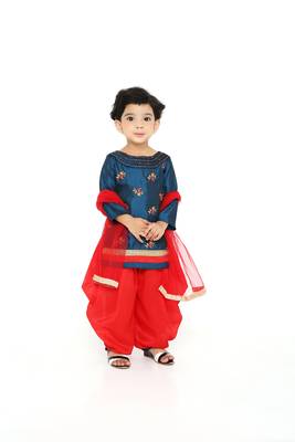 Turquoise/Red - Embroidered 3/4th Sleeve A-line Top with Patiala & Dupatta Set for Baby Girl Kids 1