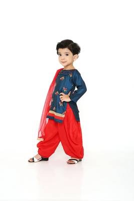 Turquoise/Red - Embroidered 3/4th Sleeve A-line Top with Patiala & Dupatta Set for Baby Girl Kids 2