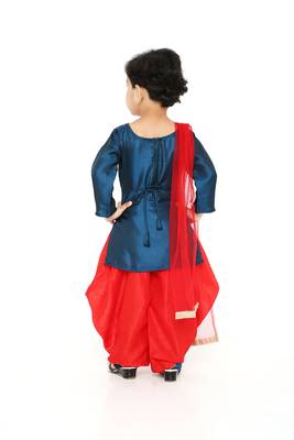 Turquoise/Red - Embroidered 3/4th Sleeve A-line Top with Patiala & Dupatta Set for Baby Girl Kids 3