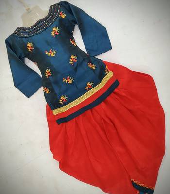 Turquoise/Red - Embroidered 3/4th Sleeve A-line Top with Patiala & Dupatta Set for Baby Girl Kids 4