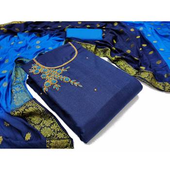JHEENU Women's Navy Blue Slub Cotton Aabla Hand Work Unstitched Dress Material  1