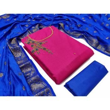 JHEENU Women's Pink Slub Cotton Aabla Hand Work Unstitched Dress Material  1