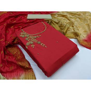 JHEENU Women's Red Slub Cotton Handwork with Aabla  Unstitched Dress Material  1