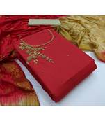 JHEENU Women's Red Slub Cotton Handwork with Aabla  Unstitched Dress Material 