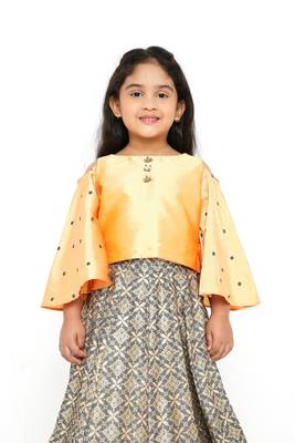 Mango/Grey Embroidered Sleeve Choli with Banarasi Brocade Lehenga & Net Dupatta for Girl Kids 3
