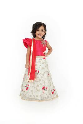 Cherry/Ice Blue-Designer Sleeve Cut Choli with Embroidered Organza Fabric Lehenga & Net Dupatta for Girl Kids 1