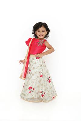 Cherry/Ice Blue-Designer Sleeve Cut Choli with Embroidered Organza Fabric Lehenga & Net Dupatta for Girl Kids 2