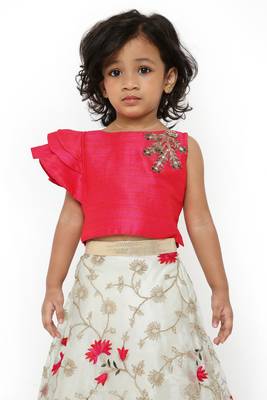 Cherry/Ice Blue-Designer Sleeve Cut Choli with Embroidered Organza Fabric Lehenga & Net Dupatta for Girl Kids 3