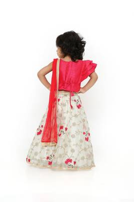 Cherry/Ice Blue-Designer Sleeve Cut Choli with Embroidered Organza Fabric Lehenga & Net Dupatta for Girl Kids 4