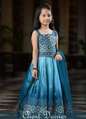 Turquoise/Sky Blue - Heavy Sequence Embroidery Choli with Plit-Pattern Lehenga & Inner/Dupatta Set for Girl Kids 1