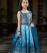 Turquoise/Sky Blue - Heavy Sequence Embroidery Choli with Plit-Pattern Lehenga & Inner/Dupatta Set for Girl Kids
