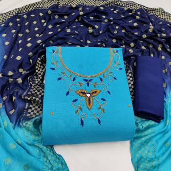 JHEENU Women's Sky Blue Slub Cotton Aabla Hand Work Unstitched Dress Material  1