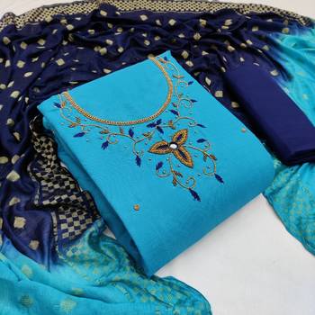 JHEENU Women's Sky Blue Slub Cotton Aabla Hand Work Unstitched Dress Material  2