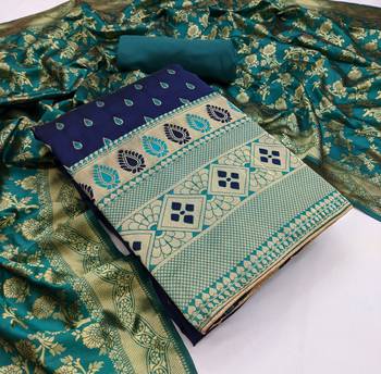 JHEENU Women's Blue Green Banarasi Jacquared Woven Design Jacquard Unstitched Dress Material  1