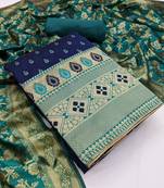 JHEENU Women's Blue Green Banarasi Jacquared Woven Design Jacquard Unstitched Dress Material 