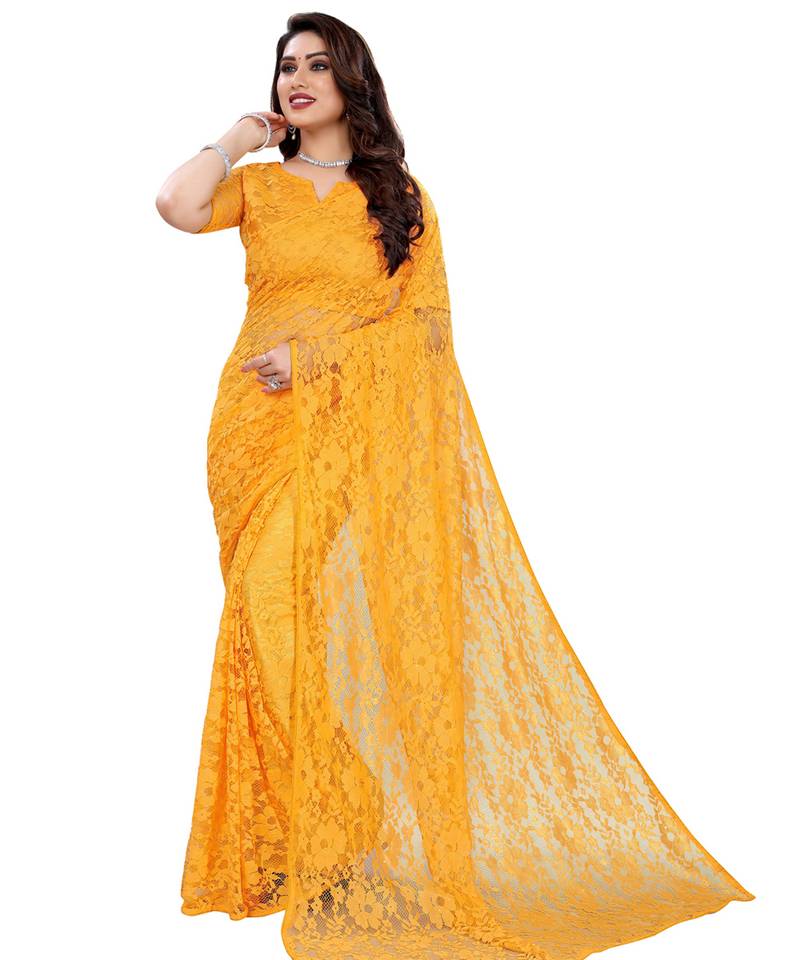 Yellow plain net saree with blouse