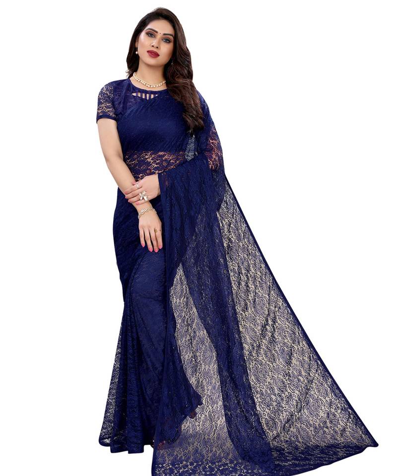 Navy blue plain net saree with blouse