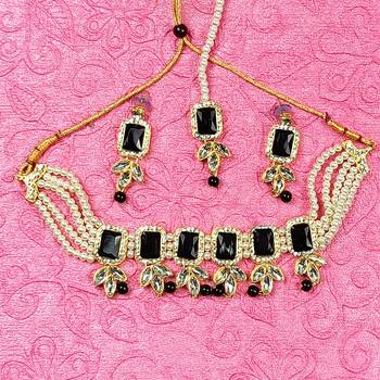 Black Kundan & Pearls Choker leave-design Jewellery Set for Bridal Women & Girls  1