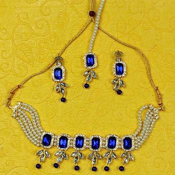 Blue Kundan & Pearls Choker leave-design Jewellery Set for Bridal Women & Girls  1