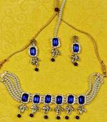 Blue Kundan & Pearls Choker leave-design Jewellery Set for Bridal Women & Girls 