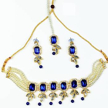 Blue Kundan & Pearls Choker leave-design Jewellery Set for Bridal Women & Girls  2