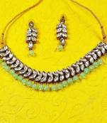 Stylish Leaf Design Kundan Gold Plated with Light Green Pearl Kundan Necklace Set For Women