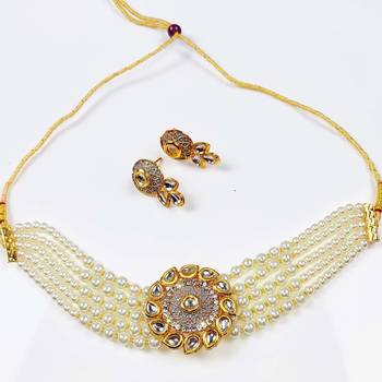 Adorable Gold-Plated Pearl Choker Stones Kundan Choker Necklace & Earring Set For Women 1