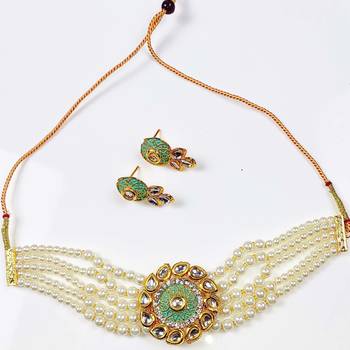 Adorable Gold Plated Pearl Choker Stones Kundan Choker Necklace & Earring Set For Women 1
