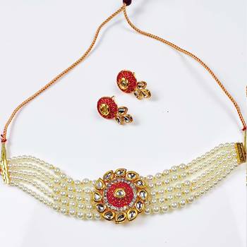Adorable Gold Plated Pearl Choker Stones Kundan Choker Necklace & Earring Set For Women 1