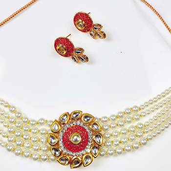 Adorable Gold Plated Pearl Choker Stones Kundan Choker Necklace & Earring Set For Women 2