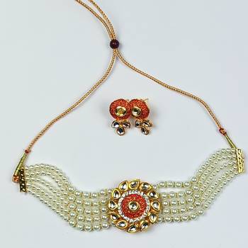 Adorable Gold Plated Pearl Choker Stones Kundan Choker Necklace & Earring Set For Women 3