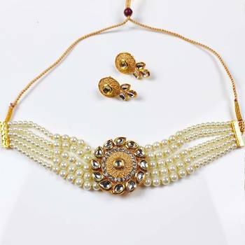 Adorable Gold Plated Pearl Choker Stones Kundan Choker Necklace & Earring Set For Women 1