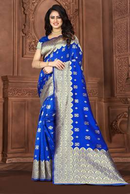   royal blue woven jacquard saree with blouse 5