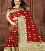 Red woven jacquard saree with blouse