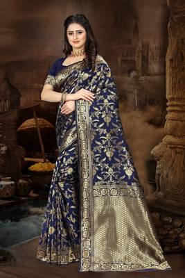 Navy Blue Woven Jacquard Saree With Blouse 3