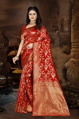 Red Woven Jacquard Saree With Blouse