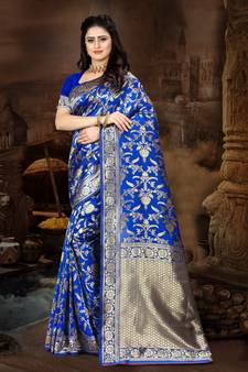 Royal Blue Woven Jacquard Saree With Blouse