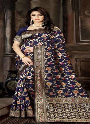 Navy Blue Woven Jacquard Saree With Blouse 1