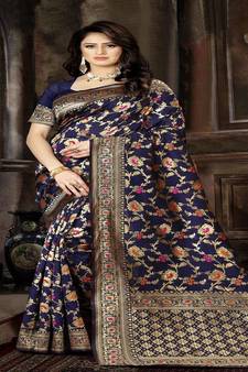 Navy Blue Woven Jacquard Saree With Blouse