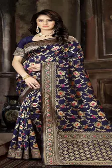 Navy Blue Woven Jacquard Saree With Blouse