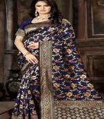 Navy Blue Woven Jacquard Saree With Blouse