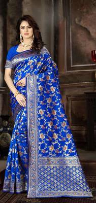 Royal Blue Woven Jacquard Saree With Blouse 2